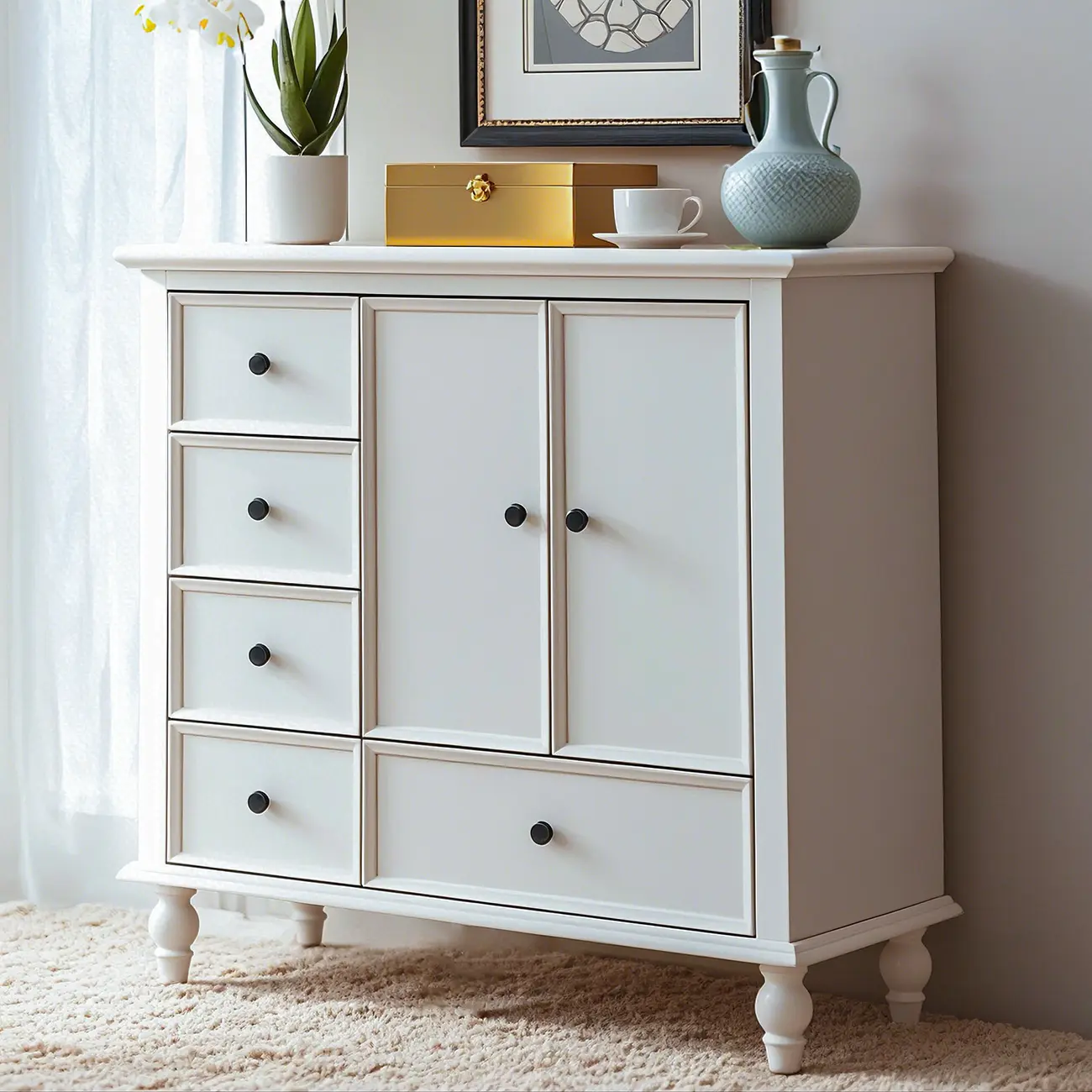 Glam White Wooden Dresser with Shelves for Bedroom Image - 2 | homeyfad