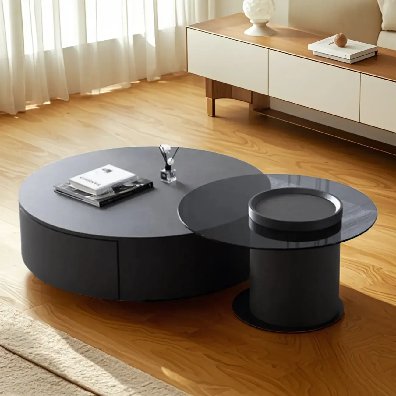  Modern Black Round Top Nesting Coffee Table with Storage Image - 1