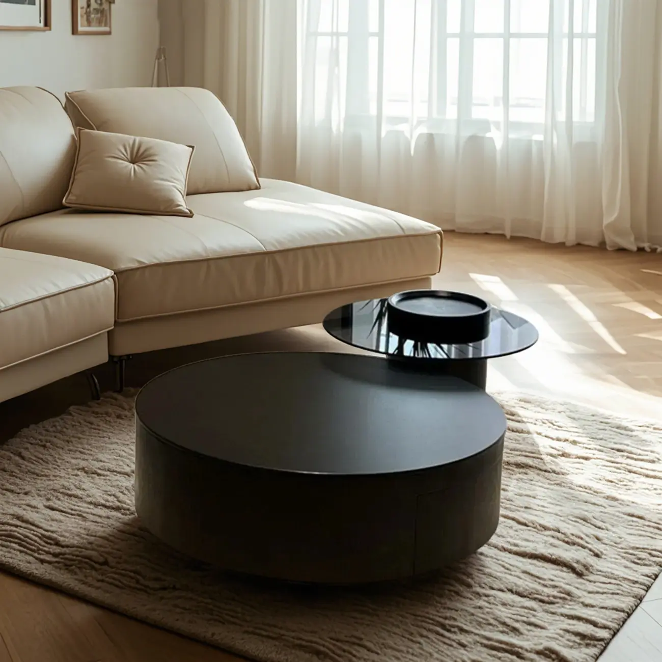  Modern Black Round Top Nesting Coffee Table with Storage Image - 2 | homeyfad