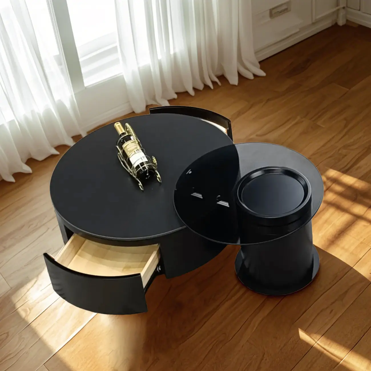  Modern Black Round Top Nesting Coffee Table with Storage Image - 3 | homeyfad