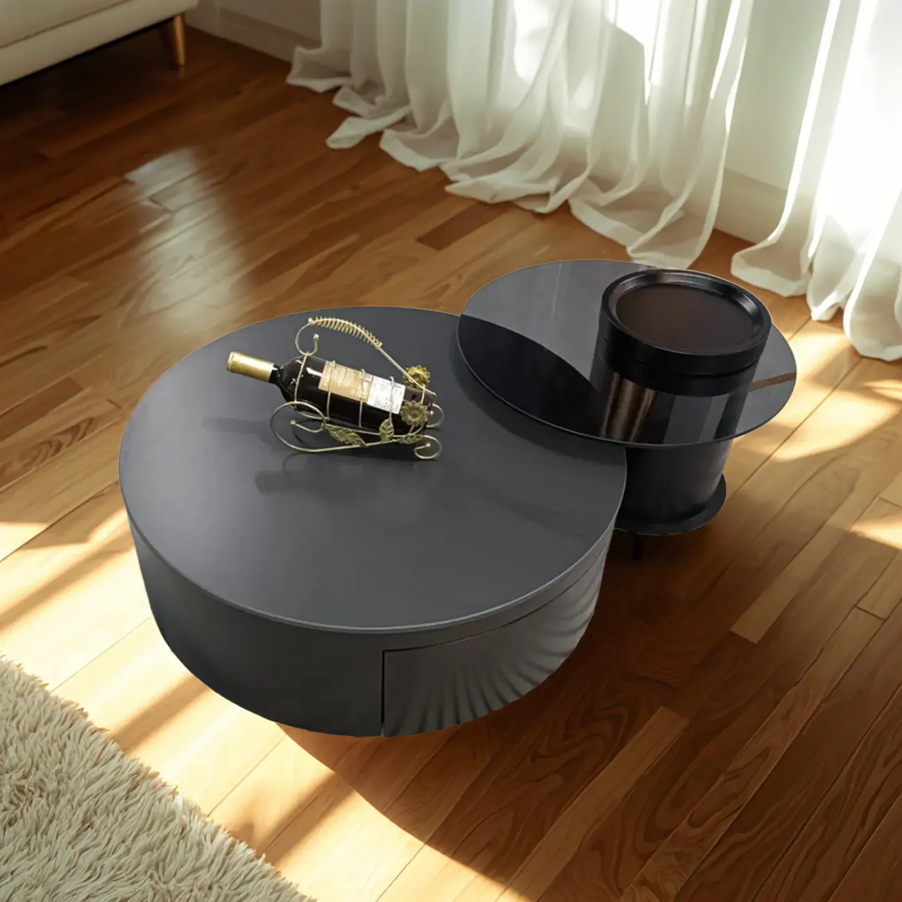  Modern Black Round Top Nesting Coffee Table with Storage Image - 4 | homeyfad