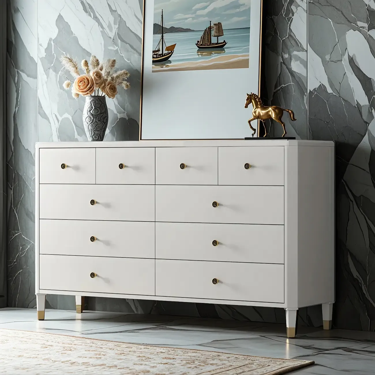 Minimalist White Wooden Double Dresser with Drawers for Home Image - 1