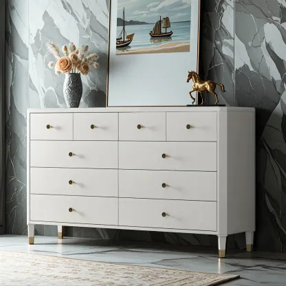 Minimalist White Wooden Double Dresser with Drawers for Home Image - 1