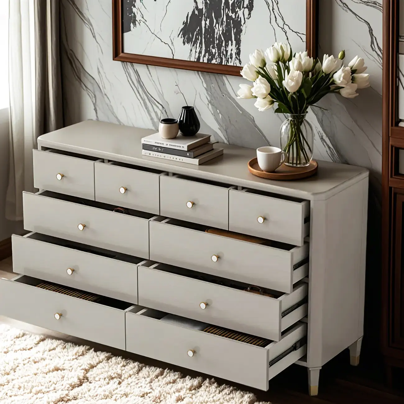 Minimalist White Wooden Double Dresser with Drawers for Home Image - 4 | homeyfad