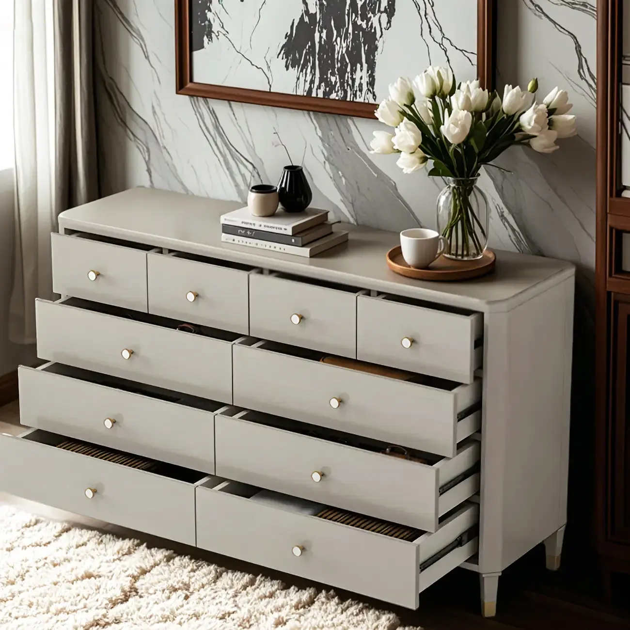 Minimalist White Wooden Double Dresser with Drawers for Home Image - 4