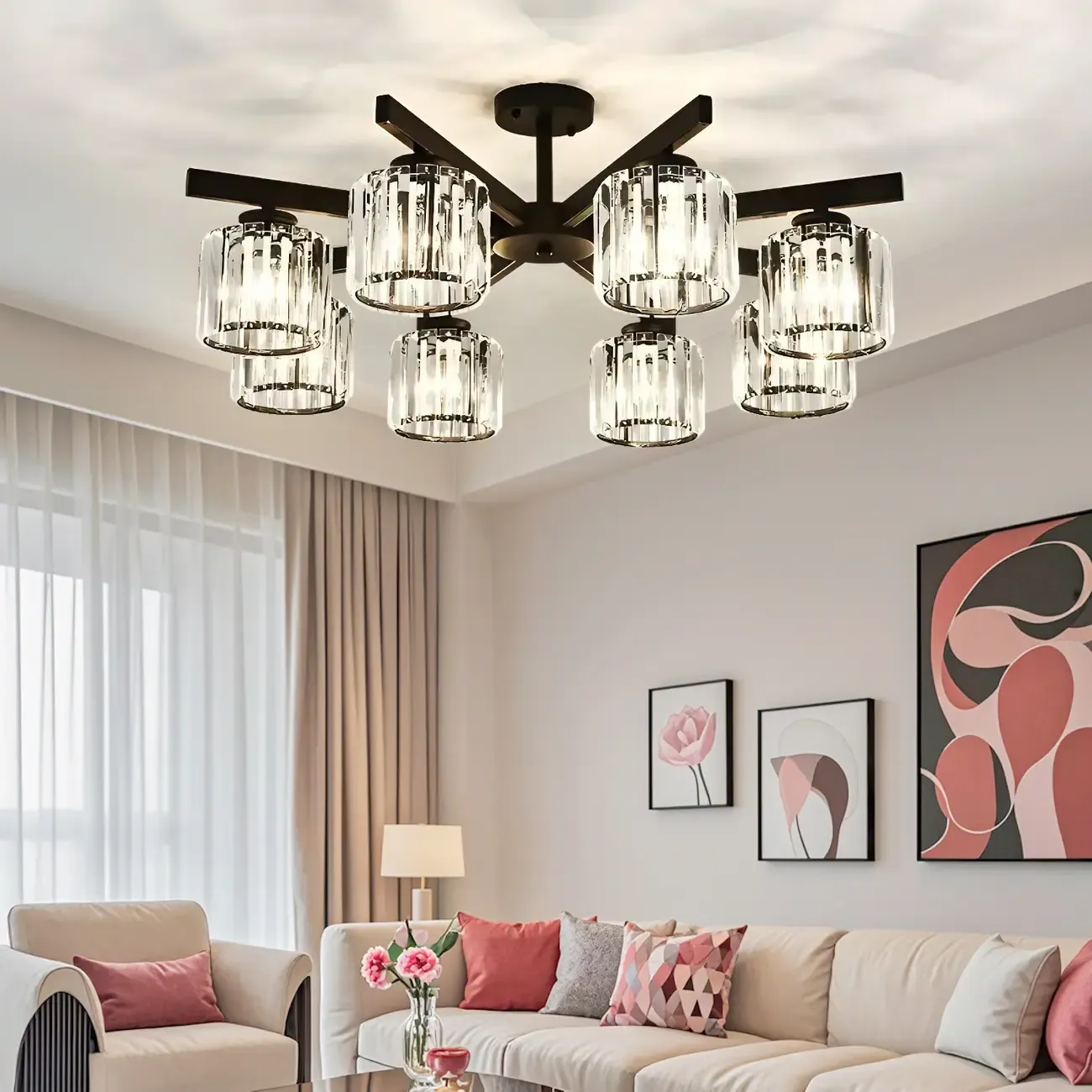 13" Height Modern Black Crystal Semi Flush Ceiling Light Image - 1