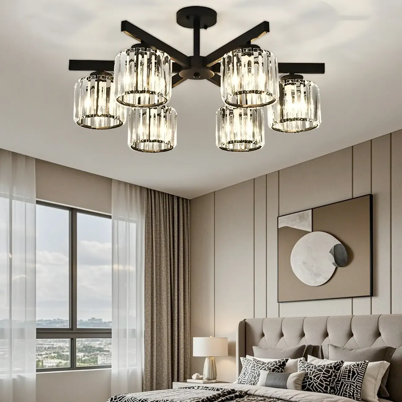 13" Height Modern Black Crystal Semi Flush Ceiling Light Image - 7