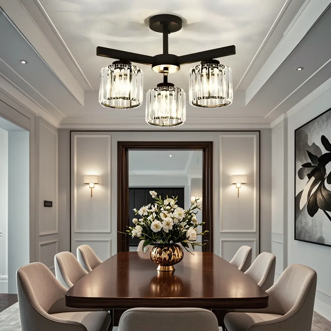 13" Height Modern Black Crystal Semi Flush Ceiling Light Image - 10