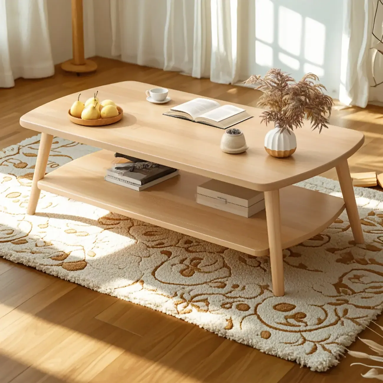 2-Tier Scandinavian Wooden Coffee Table with Storage Design  Image - 2