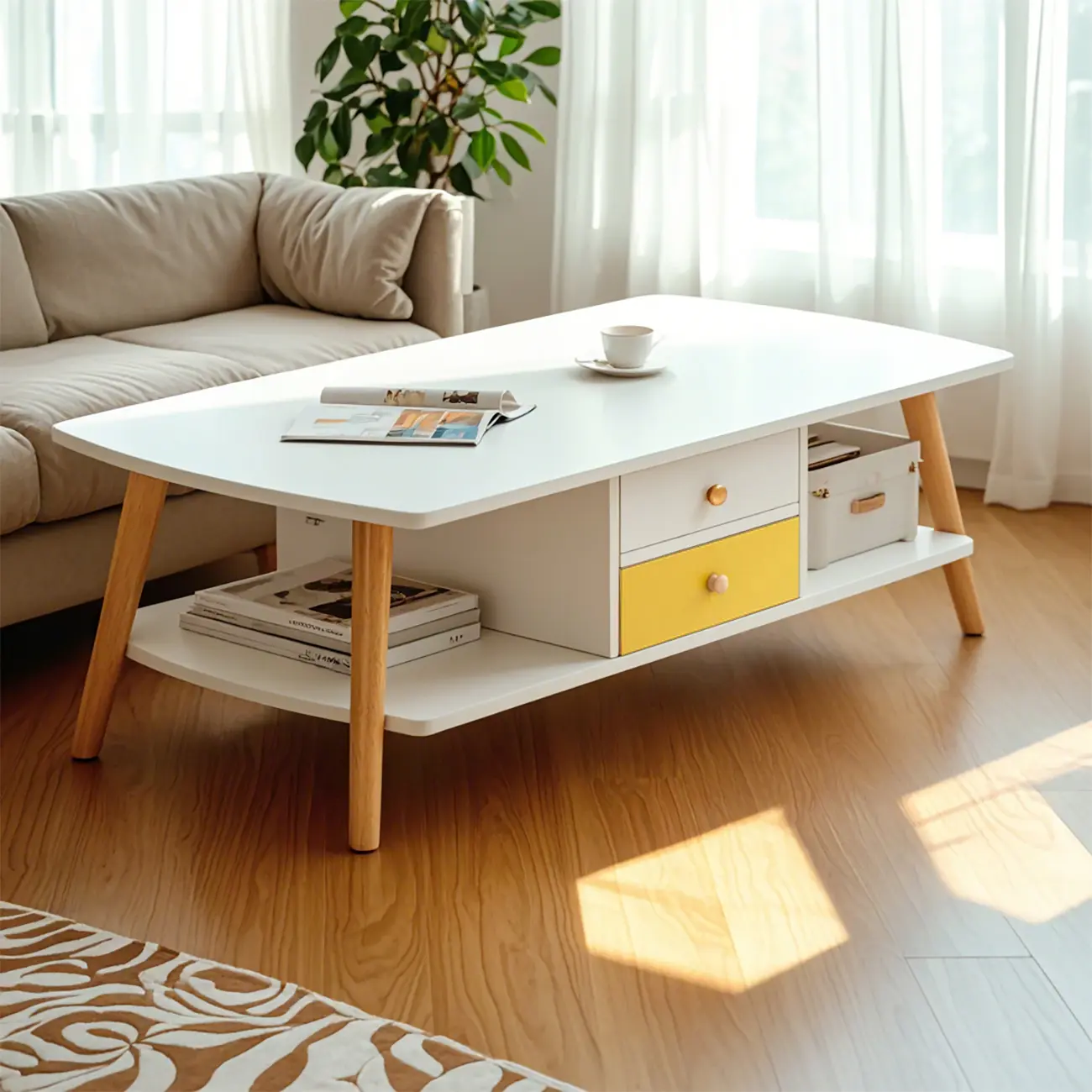 2-Tier Scandinavian Wooden Coffee Table with Storage Design  Image - 3 | homeyfad