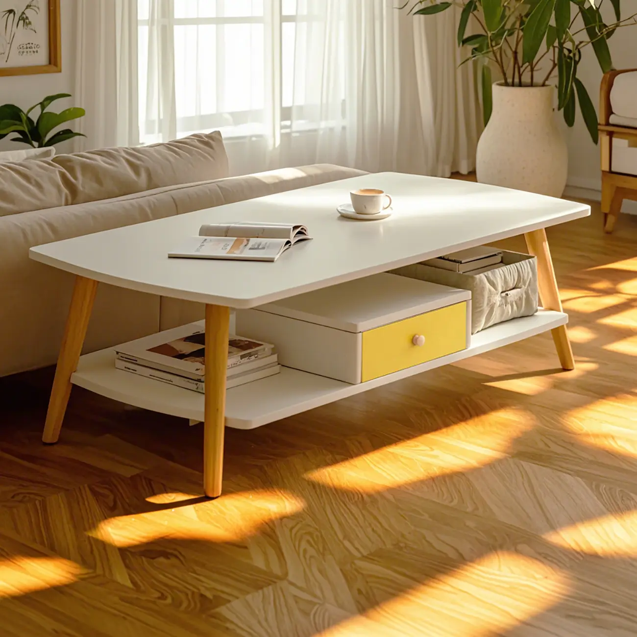 2-Tier Scandinavian Wooden Coffee Table with Storage Design  Image - 4 | homeyfad