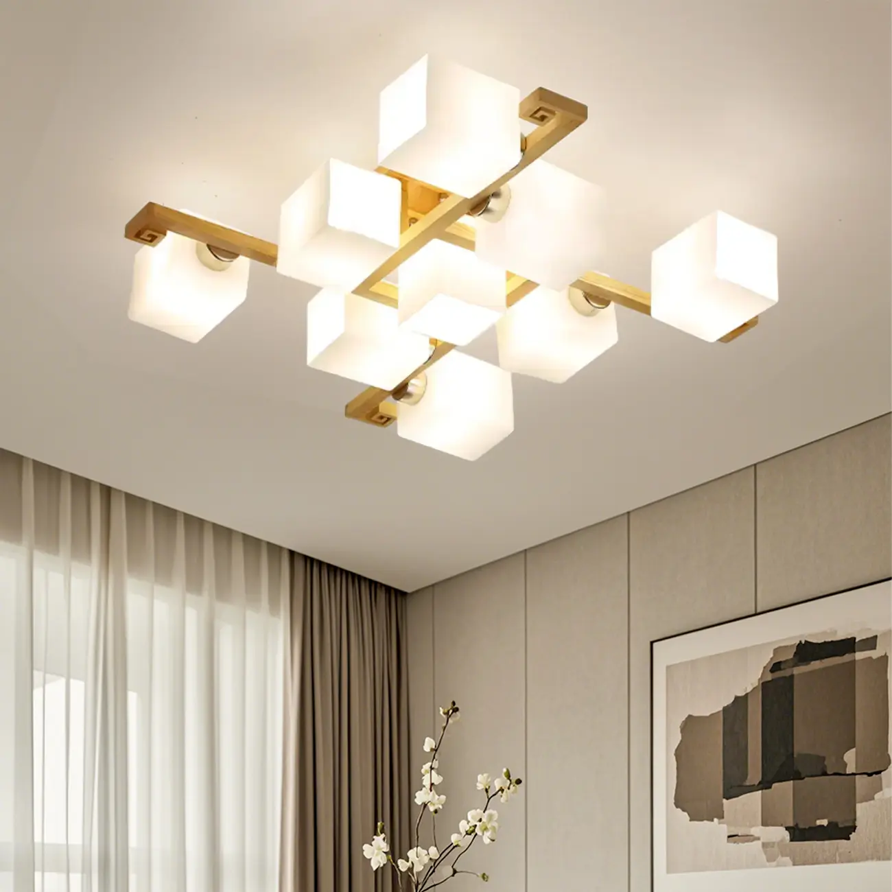 8.5" Height Square Glass Natural Wood Semi Flush Ceiling Light Image - 1 | homeyfad