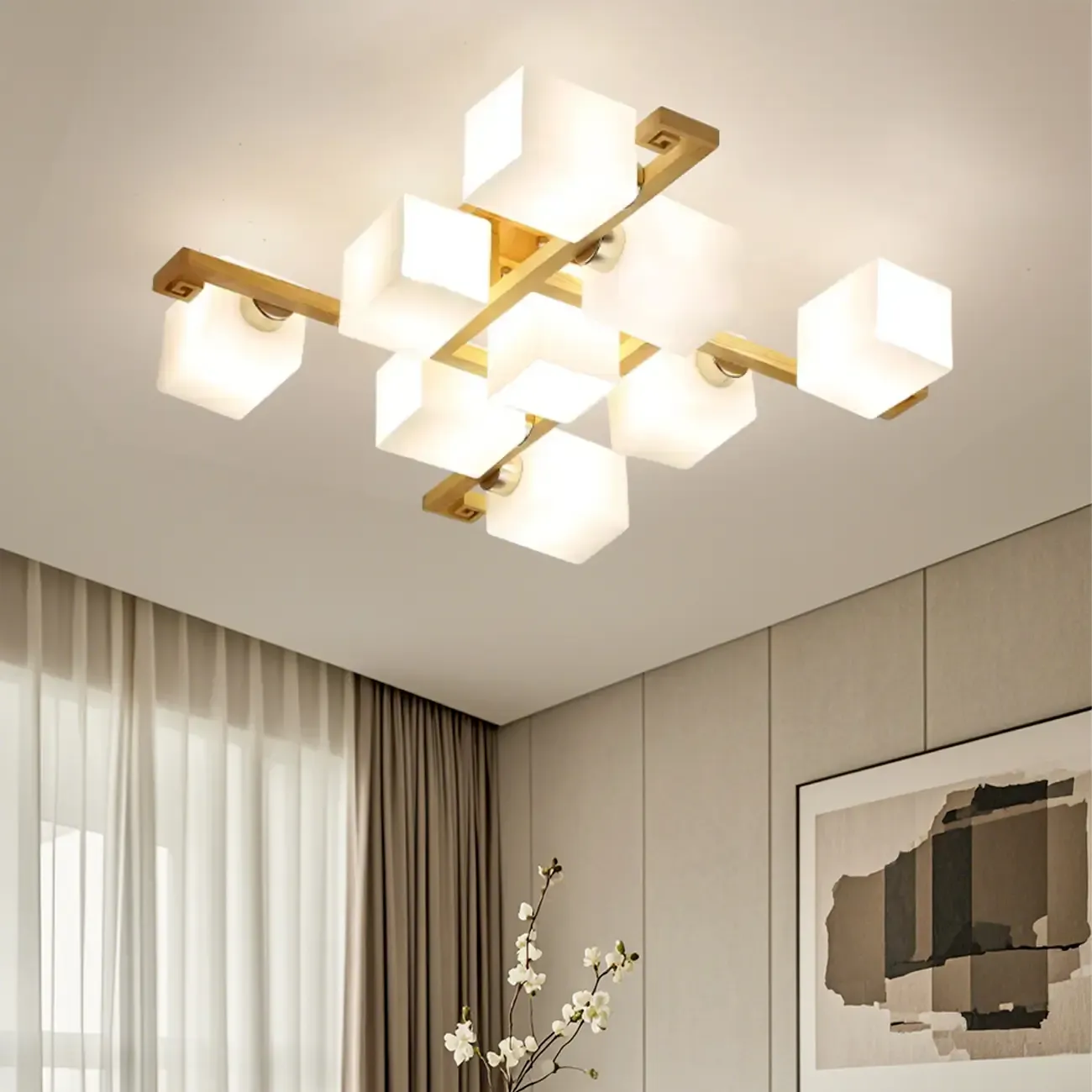 8.5" Height Square Glass Natural Wood Semi Flush Ceiling Light Image - 1