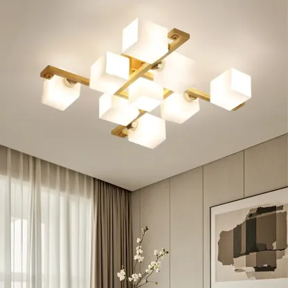8.5" Height Square Glass Natural Wood Semi Flush Ceiling Light Image - 1