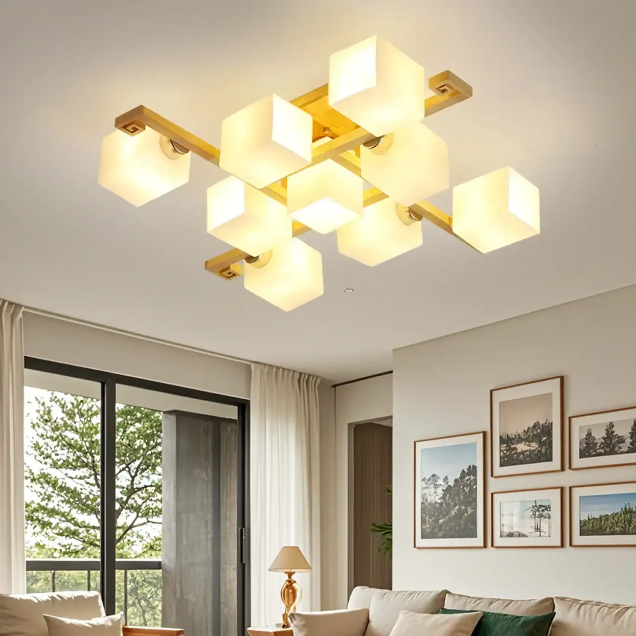 8.5" Height Square Glass Natural Wood Semi Flush Ceiling Light Image - 4