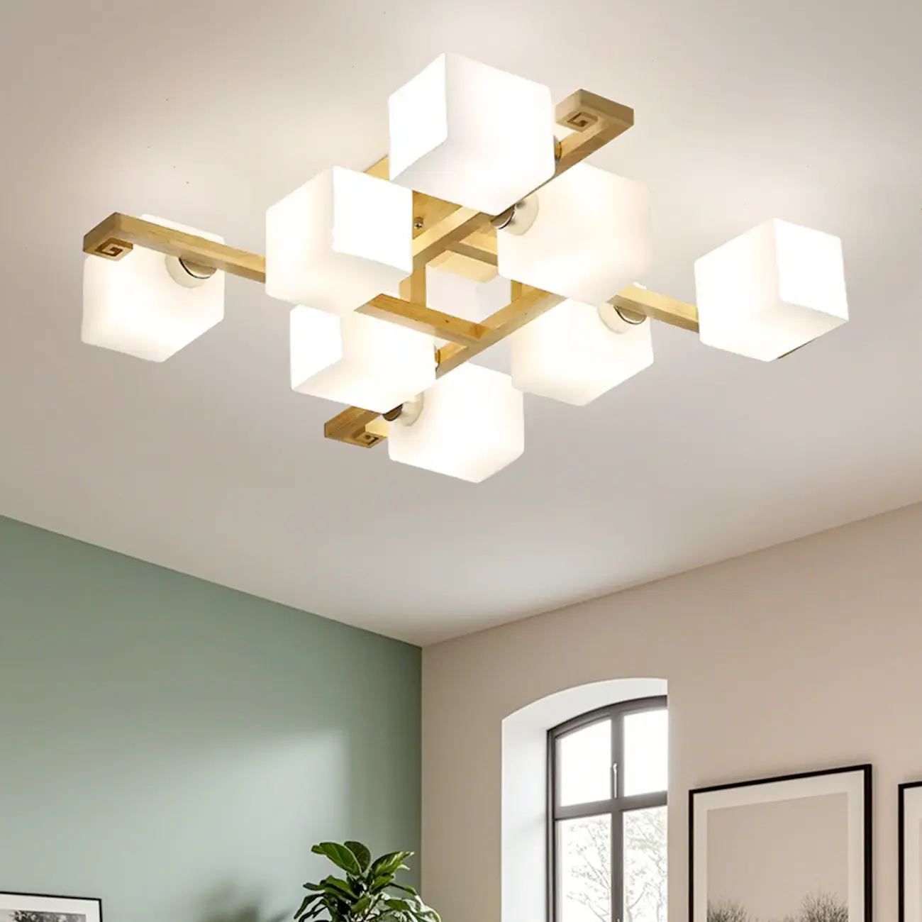 8.5" Height Square Glass Natural Wood Semi Flush Ceiling Light Image - 6 | homeyfad