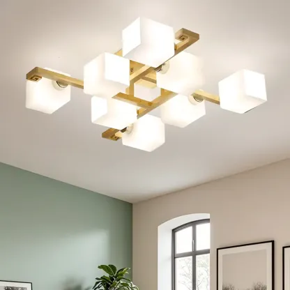 8.5" Height Square Glass Natural Wood Semi Flush Ceiling Light Image - 6