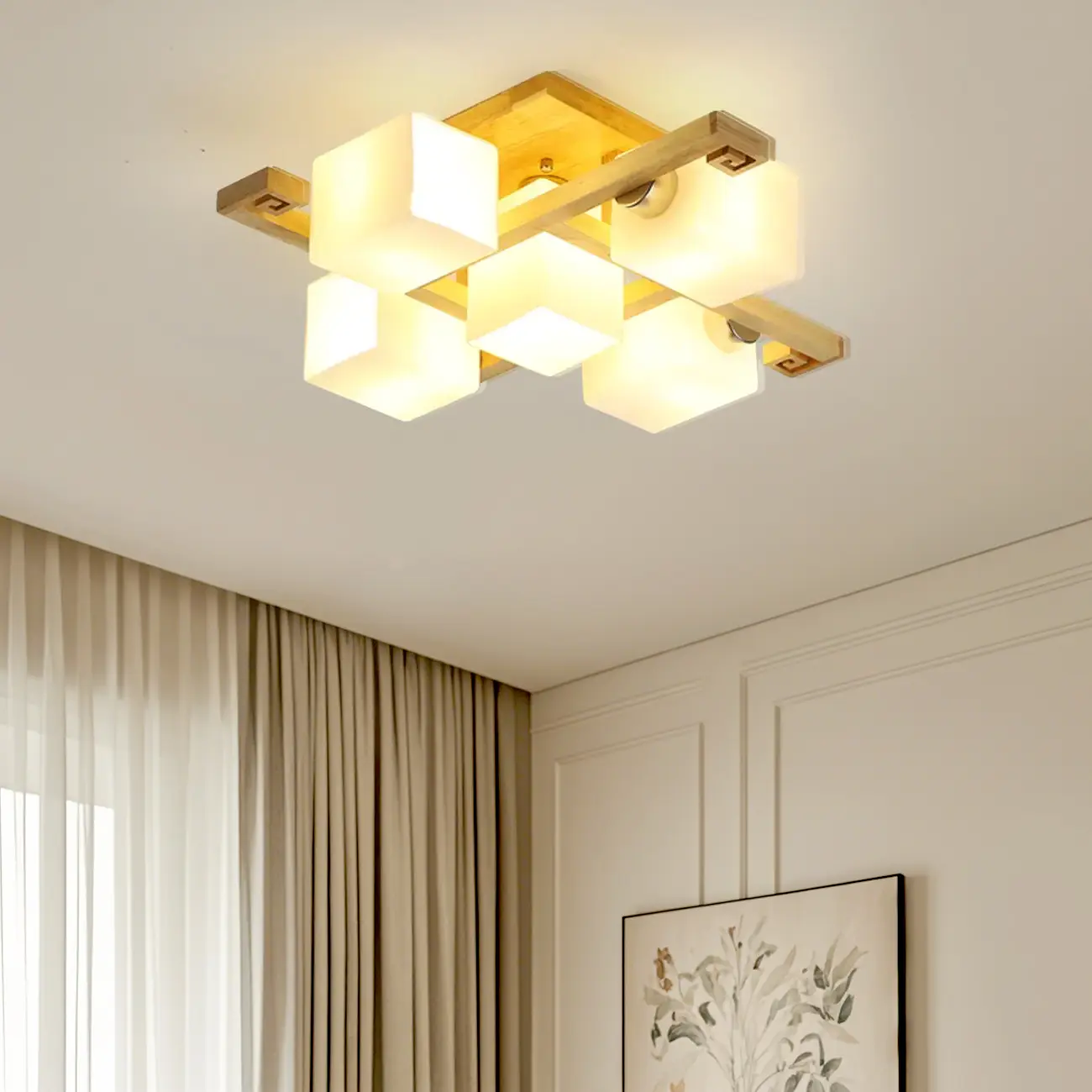 8.5" Height Square Glass Natural Wood Semi Flush Ceiling Light Image - 8 | homeyfad