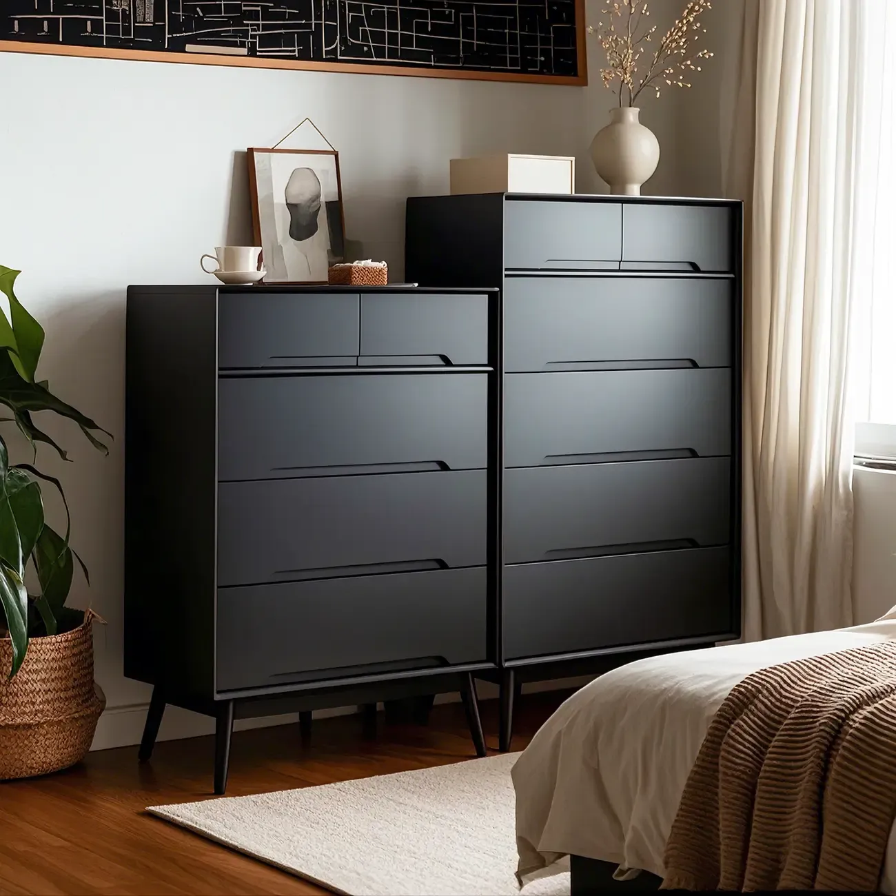 Retro Black Wood Dresser with Drawers storage for Bedroom Image - 1