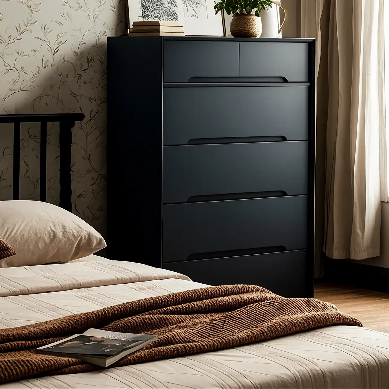 Retro Black Wood Dresser with Drawers storage for Bedroom Image - 3
