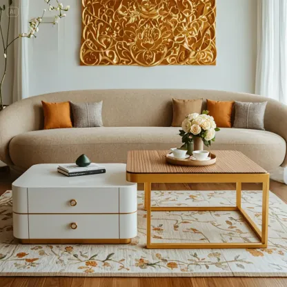 Modern Rectangular Marble Coffee Table Set with Drawers  Image - 4