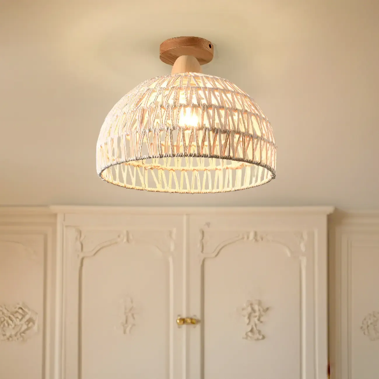 1-Light Oriental Beige Barn Shape Semi Flush Ceiling Light Image - 1