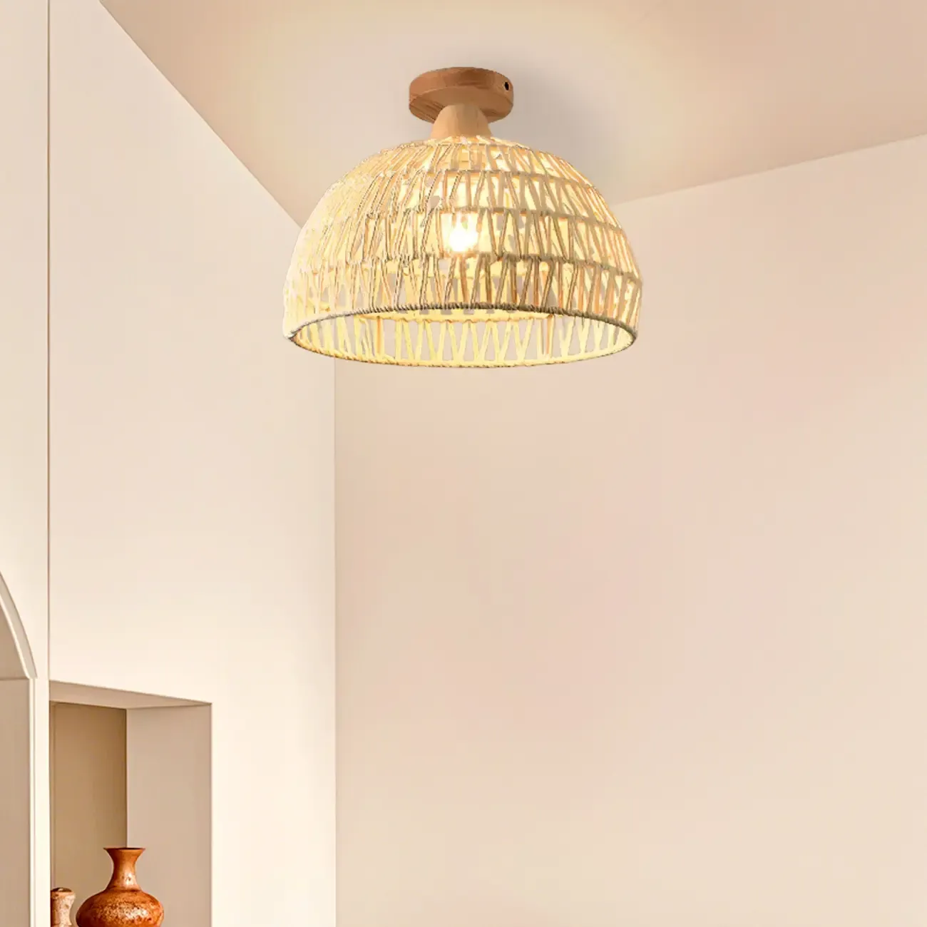 1-Light Oriental Beige Barn Shape Semi Flush Ceiling Light Image - 4