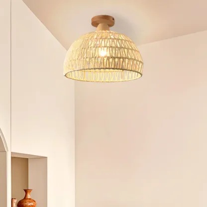 1-Light Oriental Beige Barn Shape Semi Flush Ceiling Light Image - 4