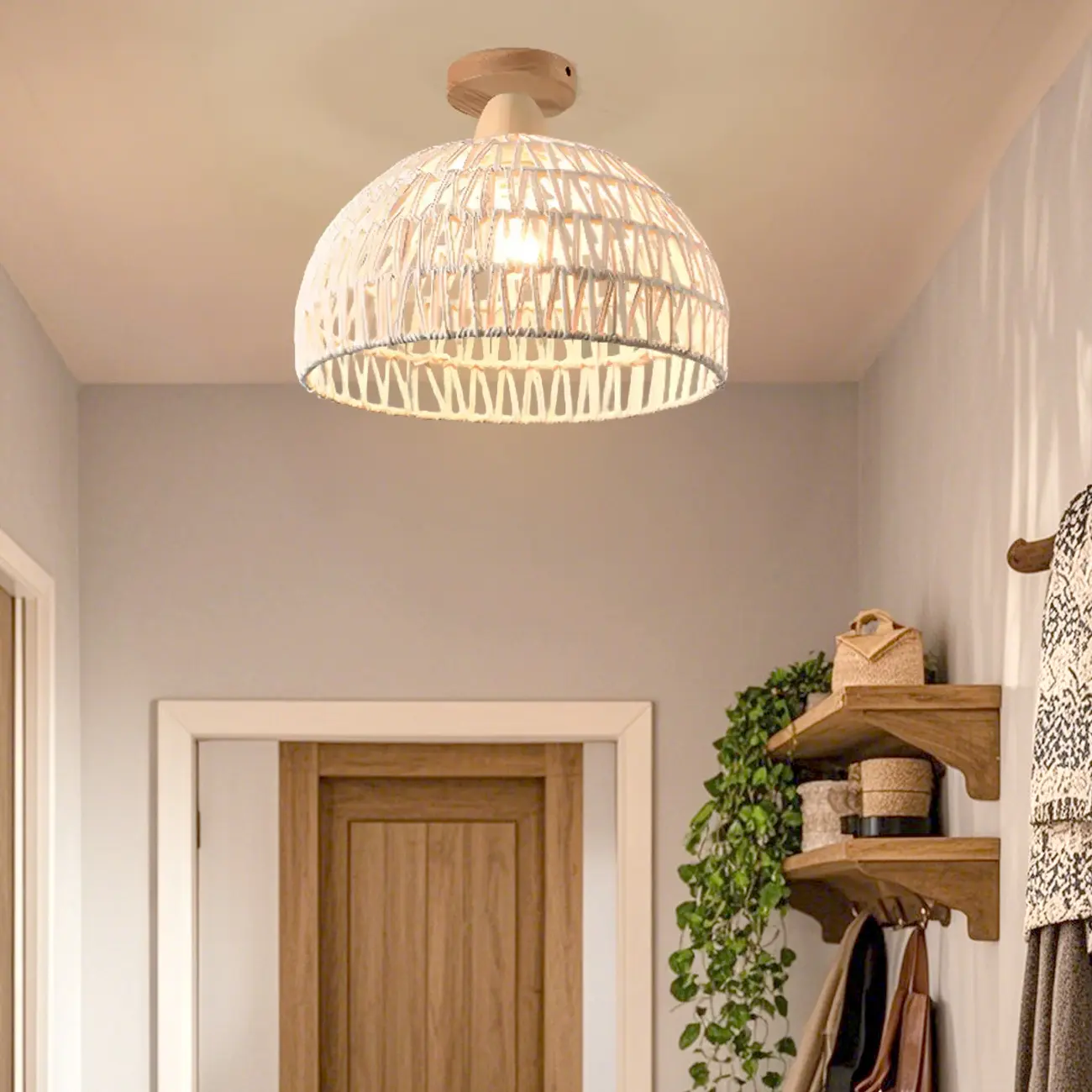 1-Light Oriental Beige Barn Shape Semi Flush Ceiling Light Image - 8 | homeyfad