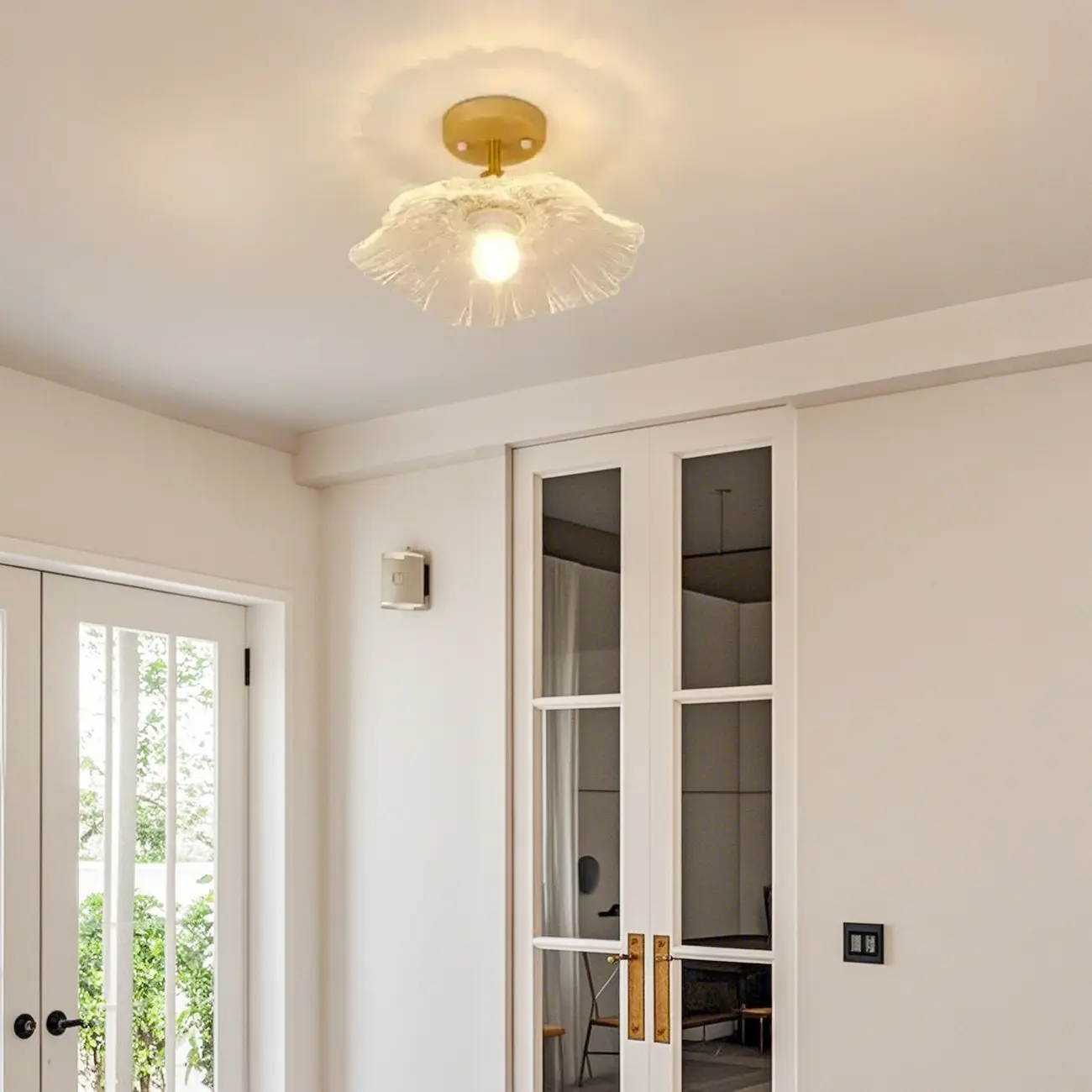 Clear Floral Glass Modern Wood Semi Flush Ceiling Light Image - 1 | homeyfad