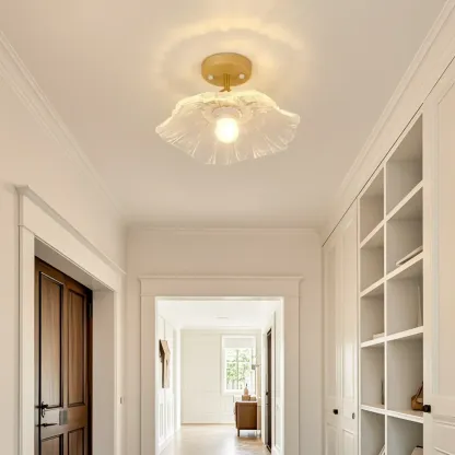 Clear Floral Glass Modern Wood Semi Flush Ceiling Light Image - 3