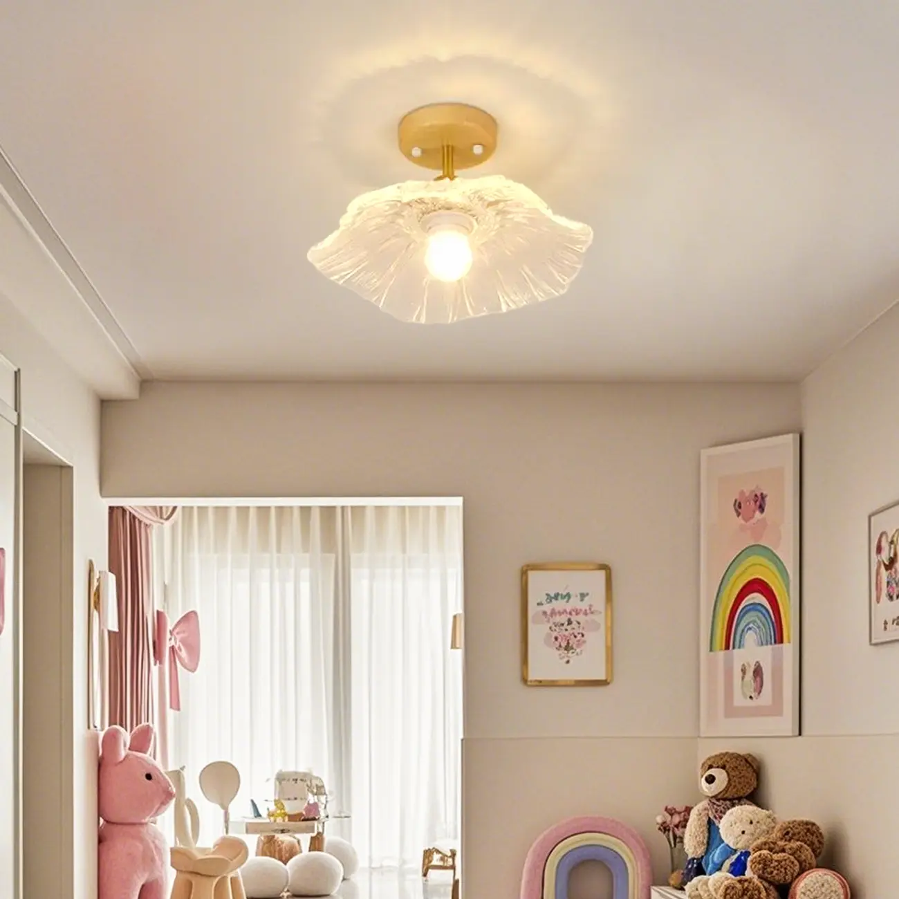 Clear Floral Glass Modern Wood Semi Flush Ceiling Light Image - 4 | homeyfad