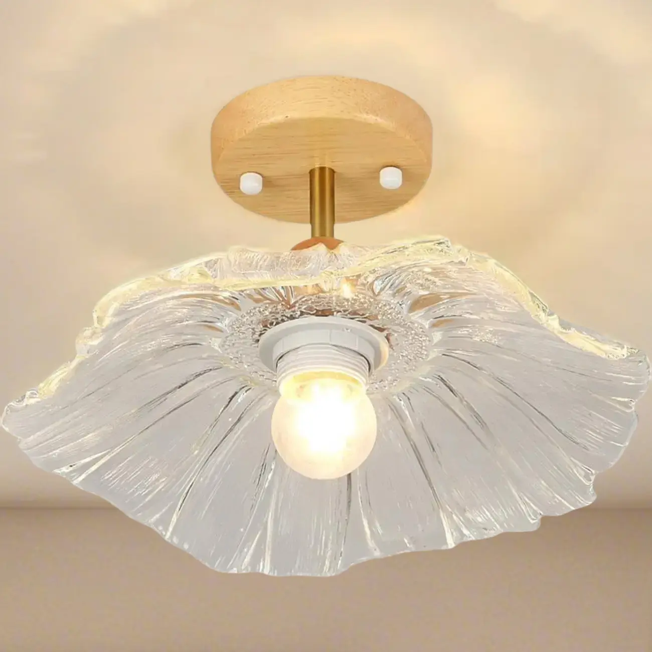 Clear Floral Glass Modern Wood Semi Flush Ceiling Light Image - 5 | homeyfad
