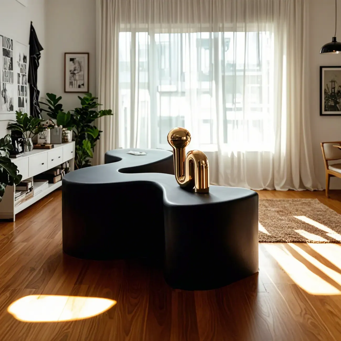 Modern Black Resin Wave Coffee Table with Abstract Design Image - 3