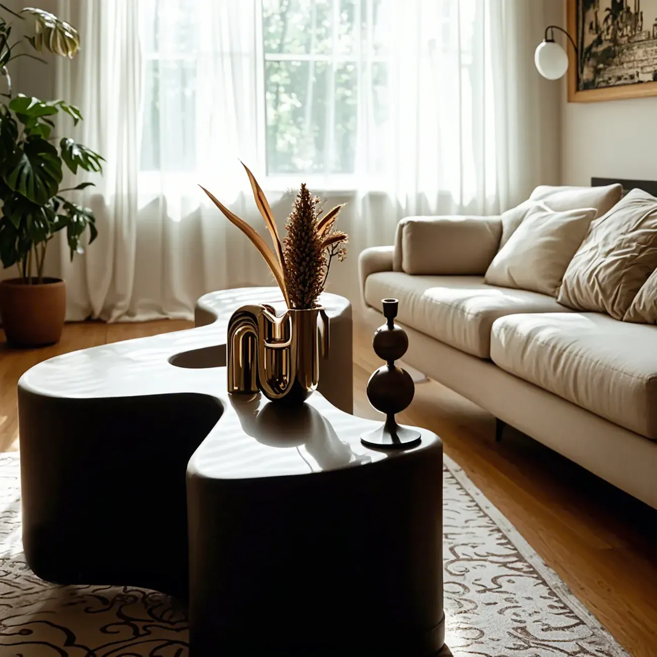 Modern Black Resin Wave Coffee Table with Abstract Design Image - 6