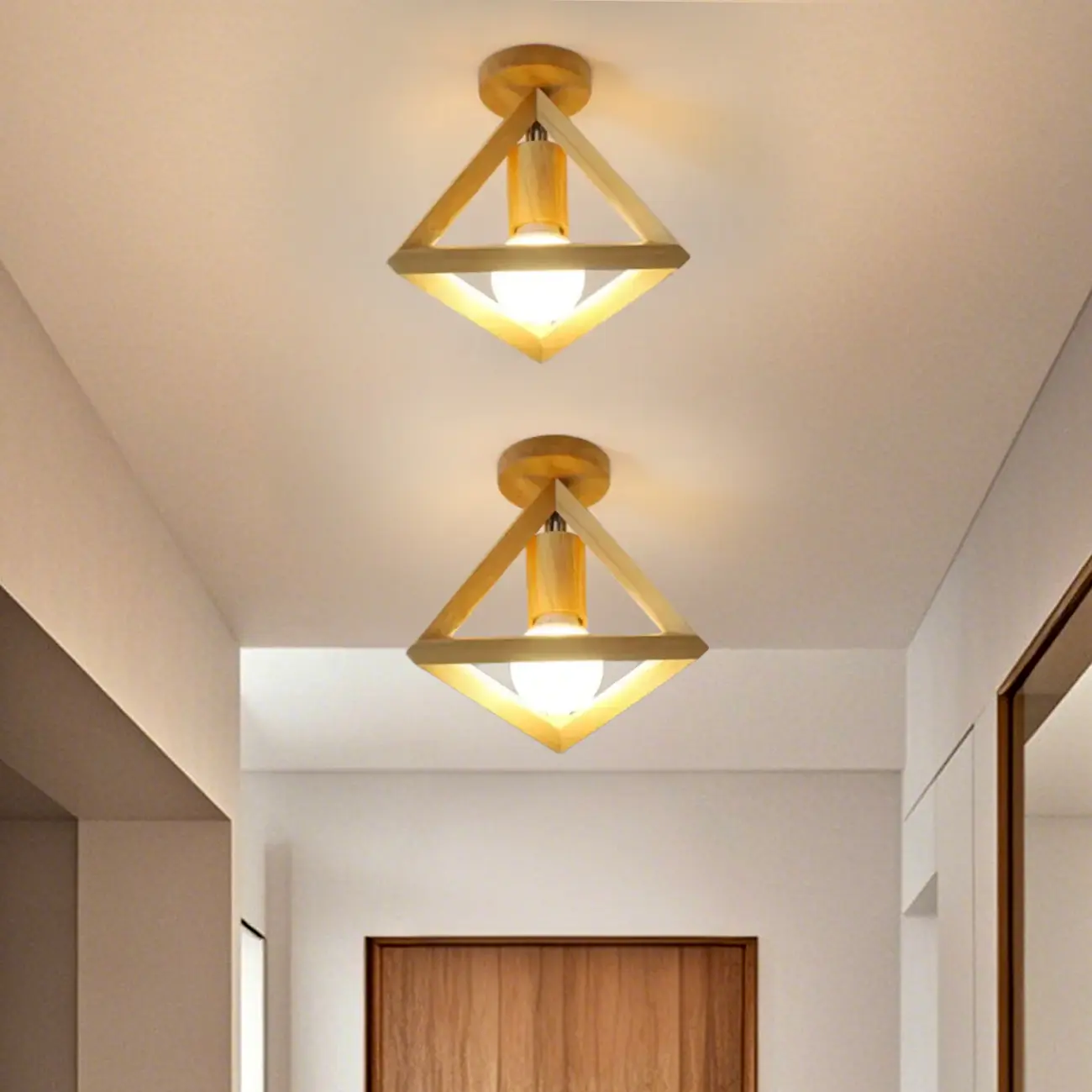 Glass Bulb Natural Wood Cube Semi Flush Ceiling Light Image - 2 | homeyfad