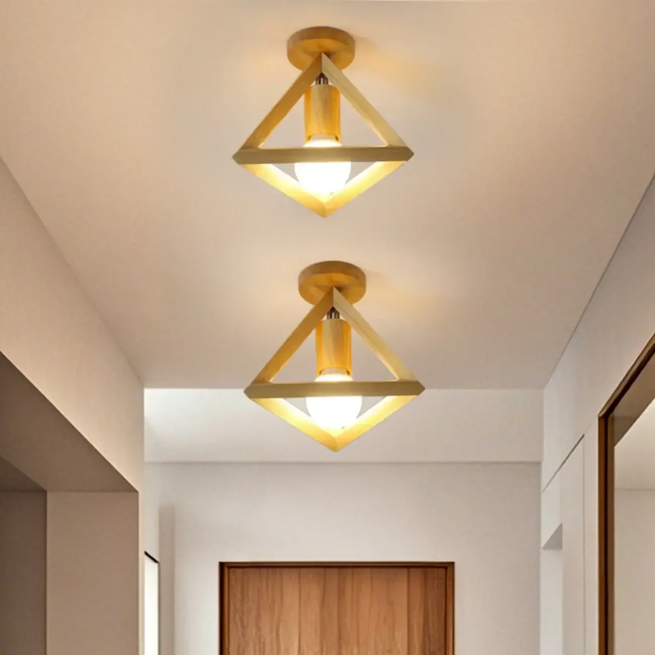 Glass Bulb Natural Wood Cube Semi Flush Ceiling Light Image - 2