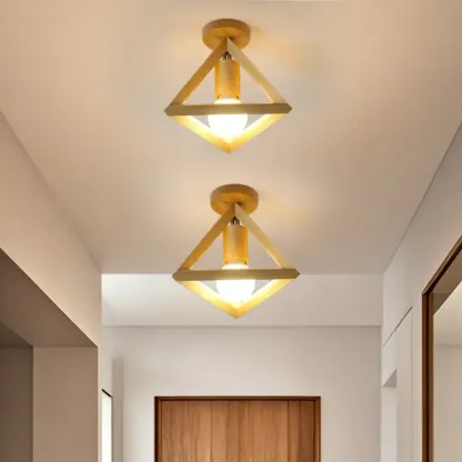 Glass Bulb Natural Wood Cube Semi Flush Ceiling Light Image - 2