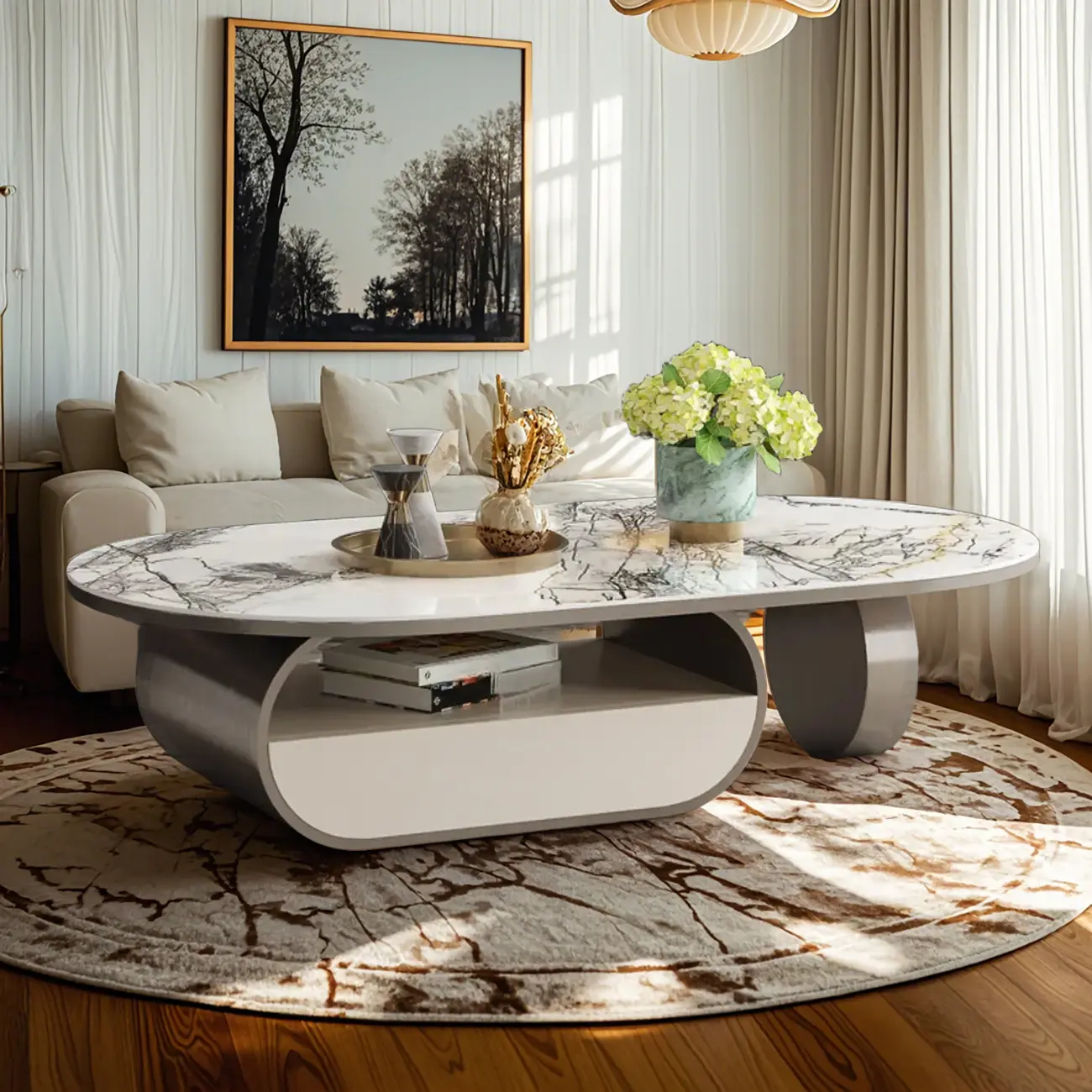 Contemporary Unique Marble Top Oval Coffee Table with Drawer Image - 1 | homeyfad
