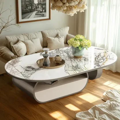 Contemporary Unique Marble Top Oval Coffee Table with Drawer Image - 2
