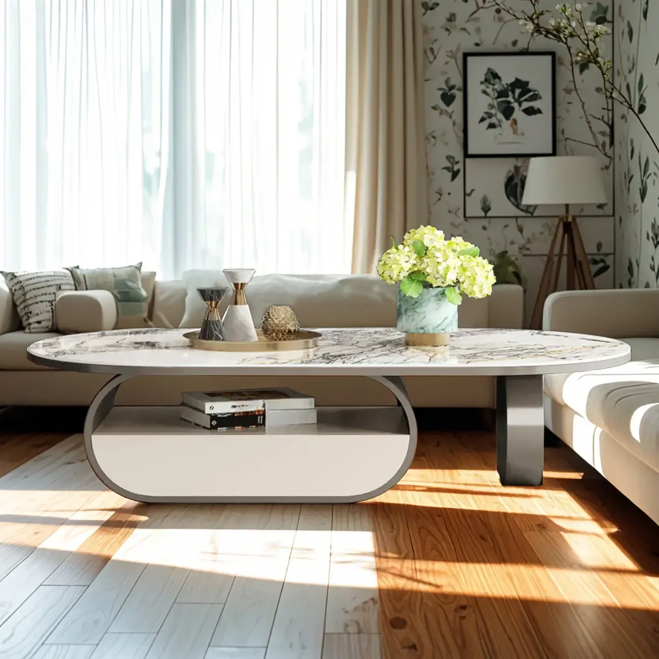 Contemporary Unique Marble Top Oval Coffee Table with Drawer Image - 3