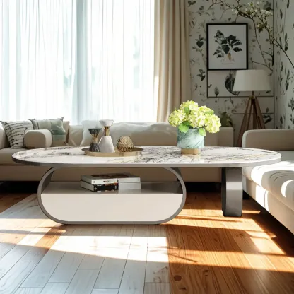 Contemporary Unique Marble Top Oval Coffee Table with Drawer Image - 3