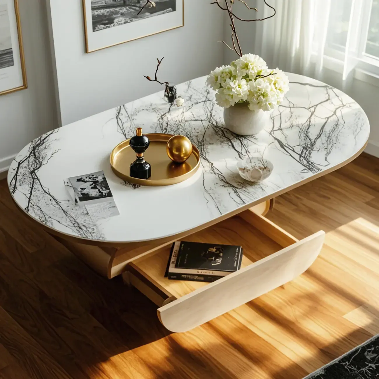 Contemporary Unique Marble Top Oval Coffee Table with Drawer Image - 4