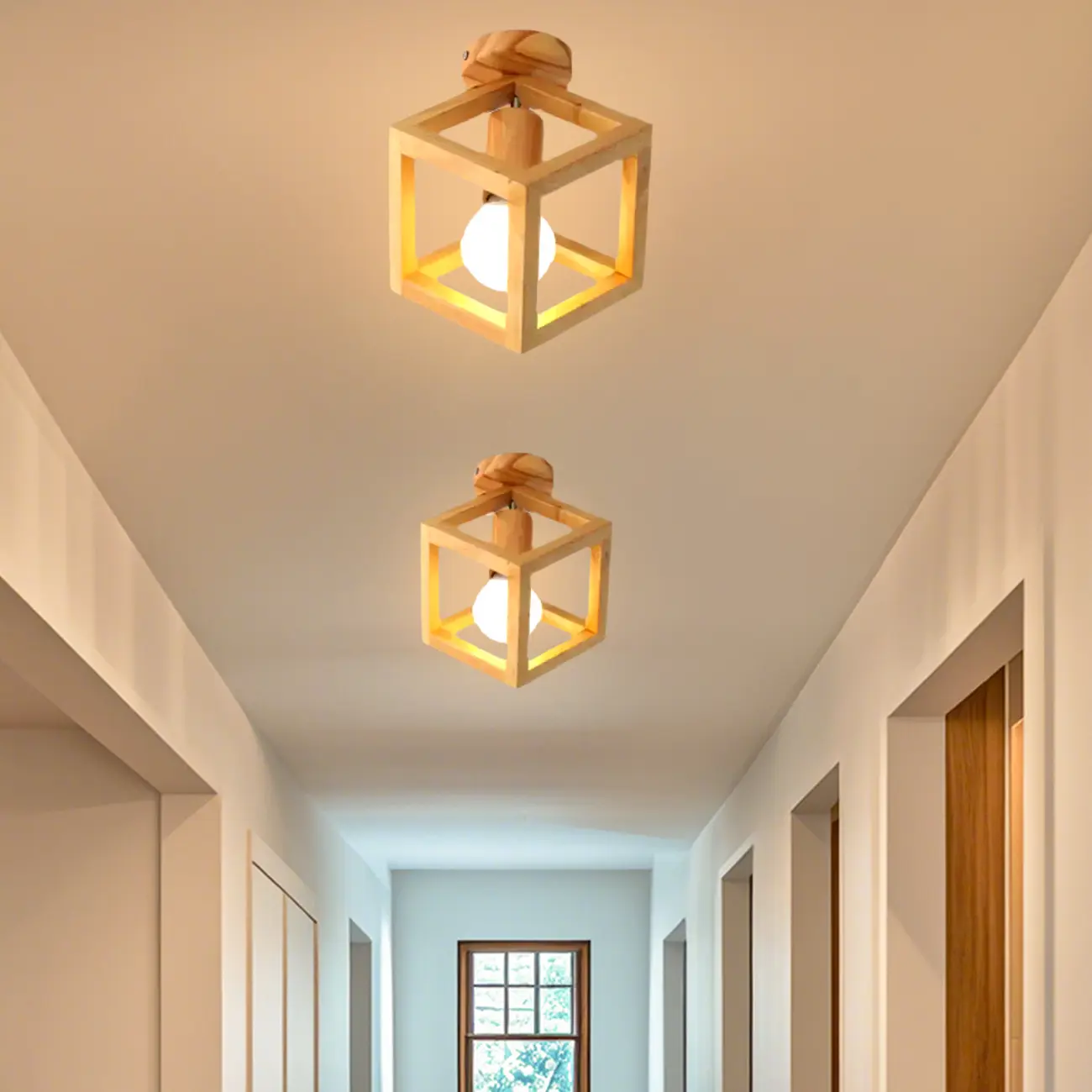 Glass Bulb Natural Wood Cube Semi Flush Ceiling Light Image - 1 | homeyfad