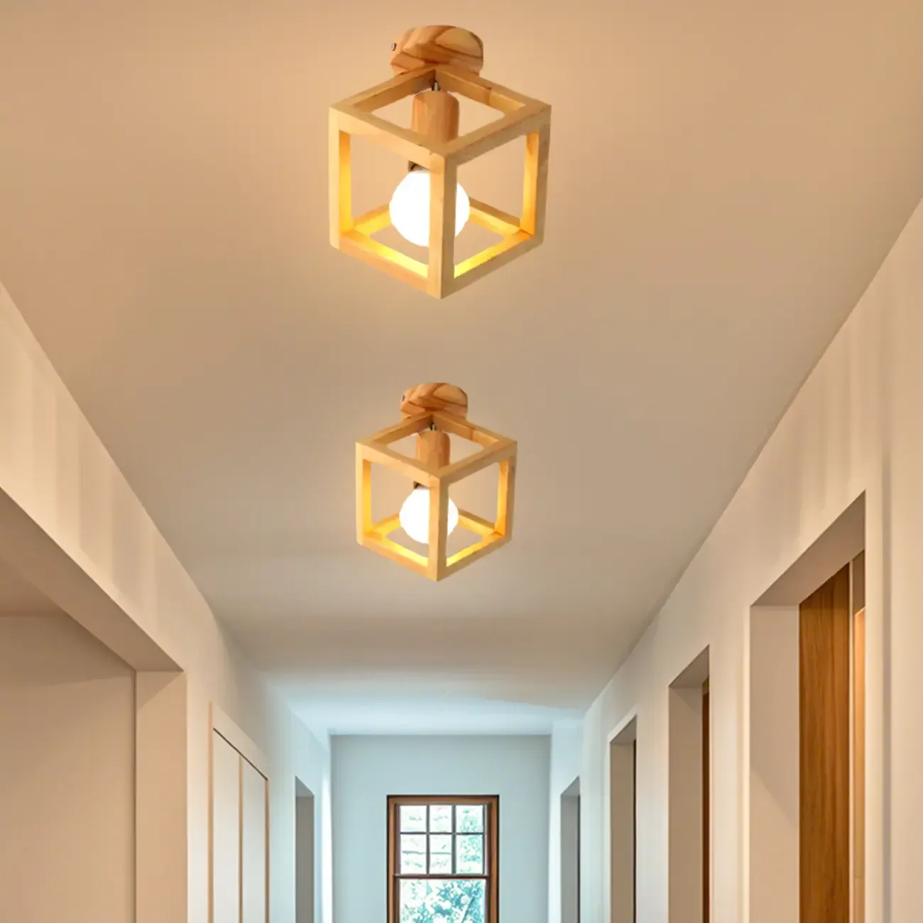 Glass Bulb Natural Wood Cube Semi Flush Ceiling Light Image - 1