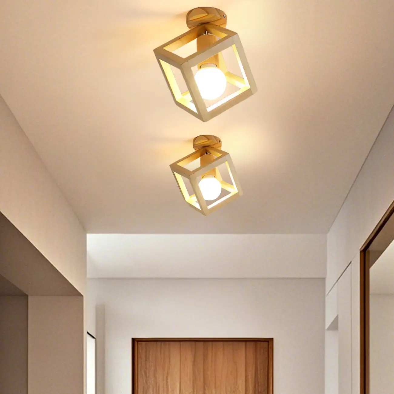 Glass Bulb Natural Wood Cube Semi Flush Ceiling Light Image - 4 | homeyfad
