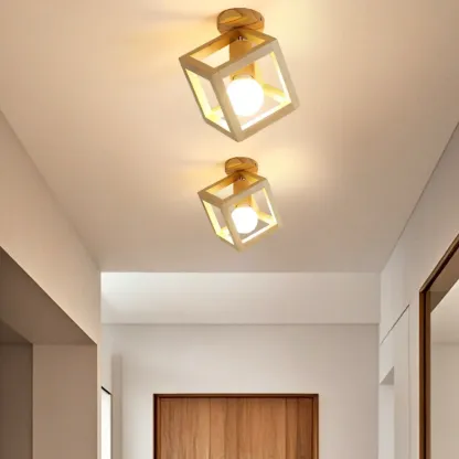 Glass Bulb Natural Wood Cube Semi Flush Ceiling Light Image - 4
