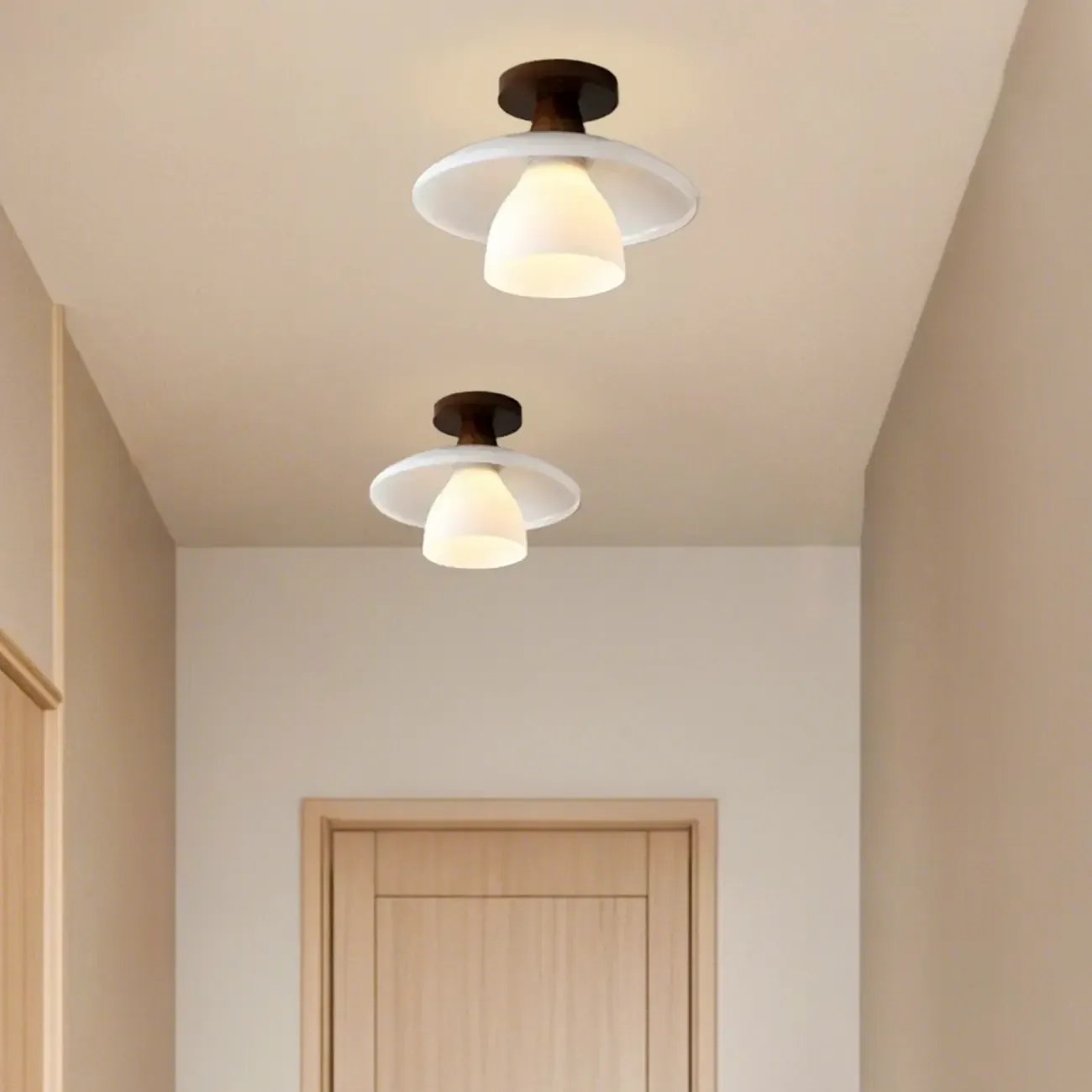 White Cone Wooden Modern Semi Flush Ceiling Light Image - 2