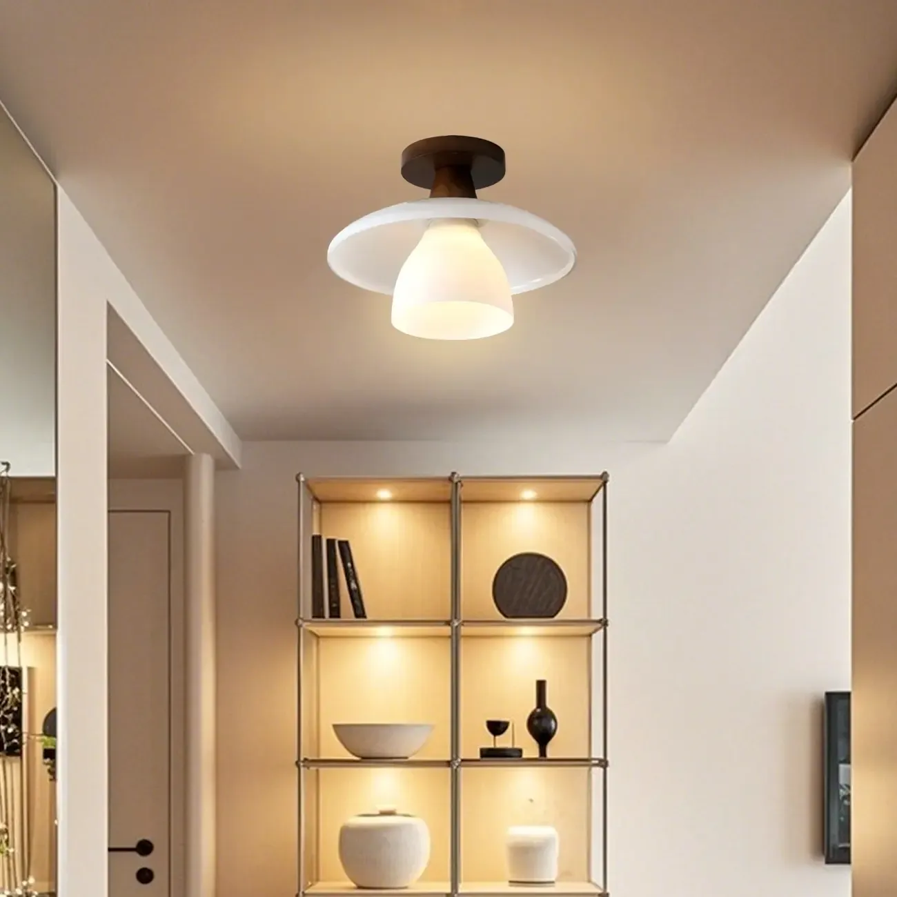 White Cone Wooden Modern Semi Flush Ceiling Light Image - 1