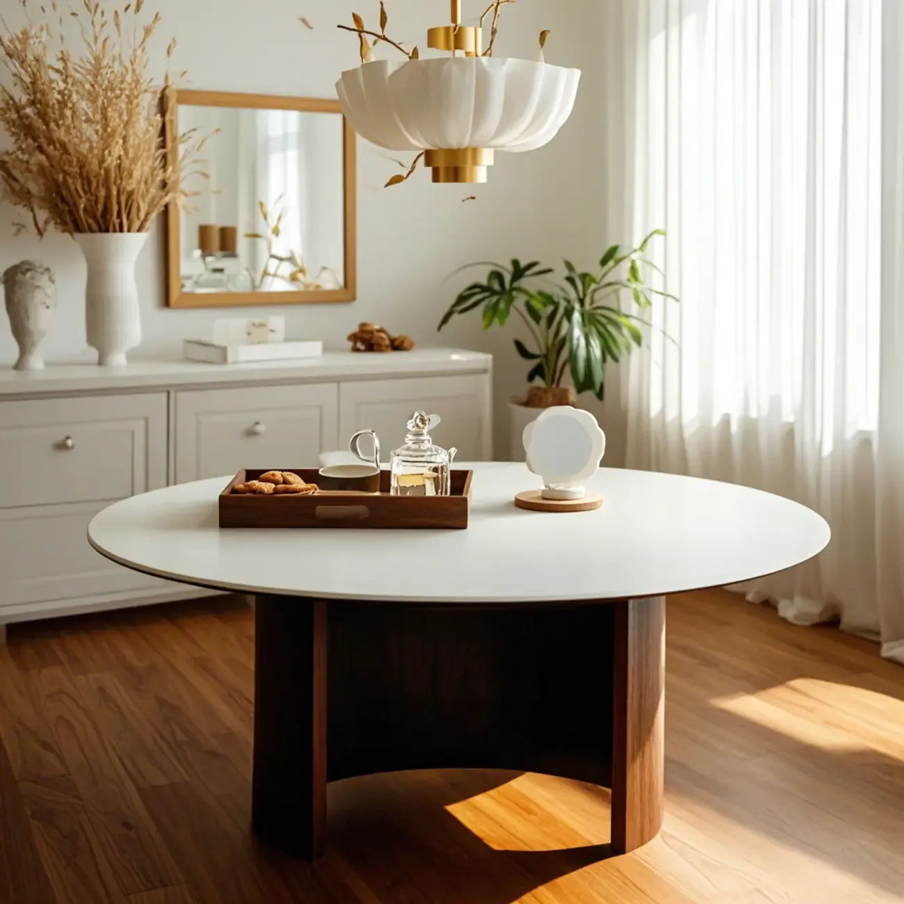 Modern Travertine White Round Coffee Table with Unique Base Image - 1